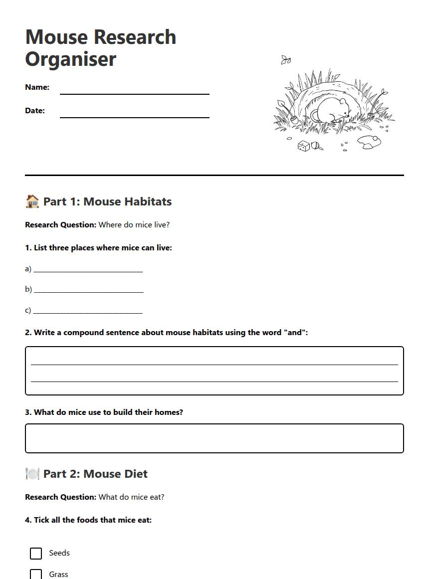 Mouse Research Organiser worksheet preview