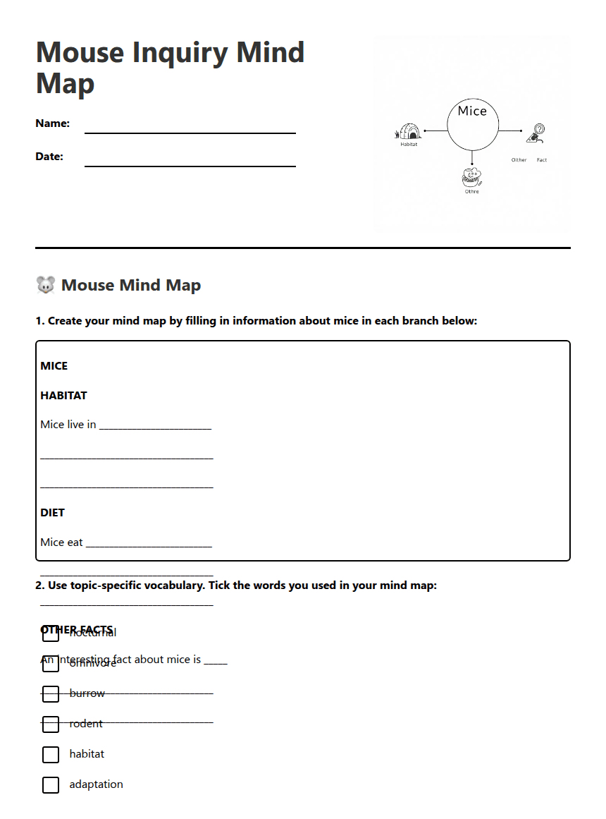 Mouse Inquiry Mind Map worksheet preview