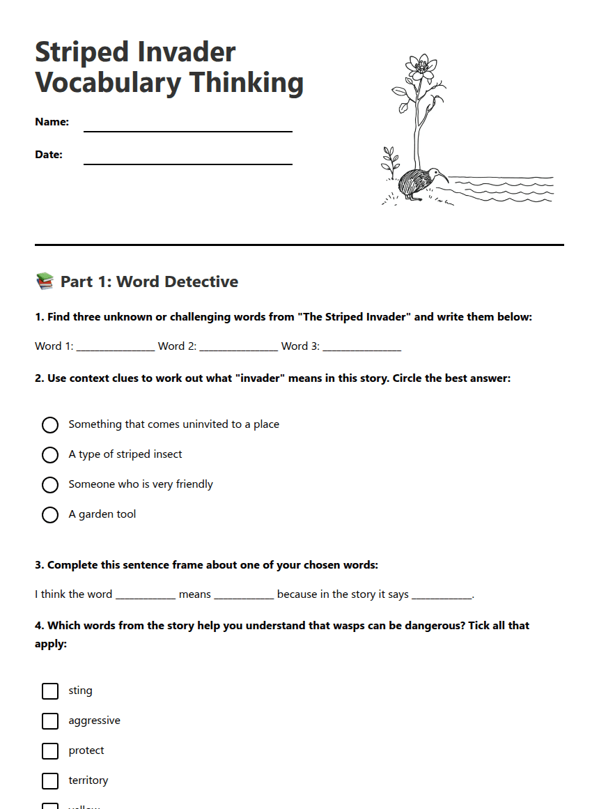 Striped Invader Vocabulary Thinking worksheet preview
