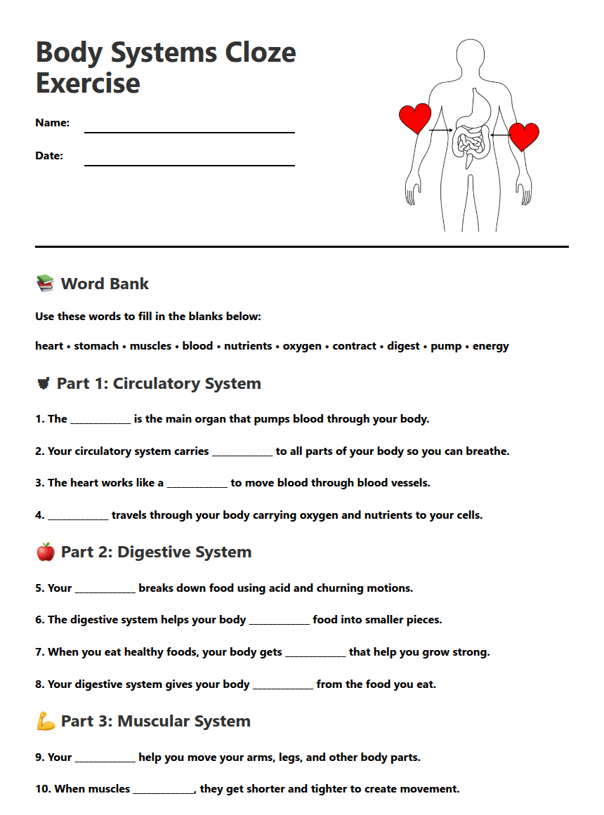 Body Systems Cloze Exercise worksheet preview