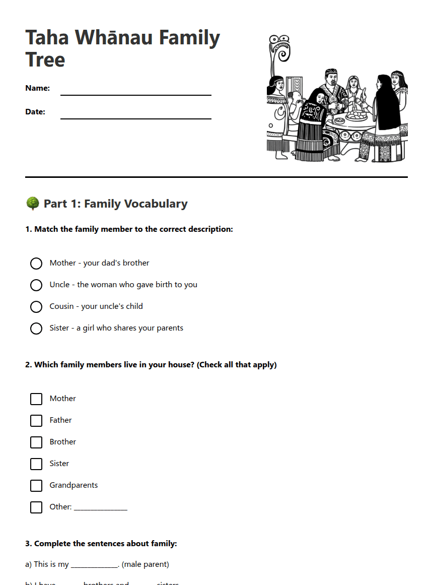 Taha Whānau Family Tree worksheet preview