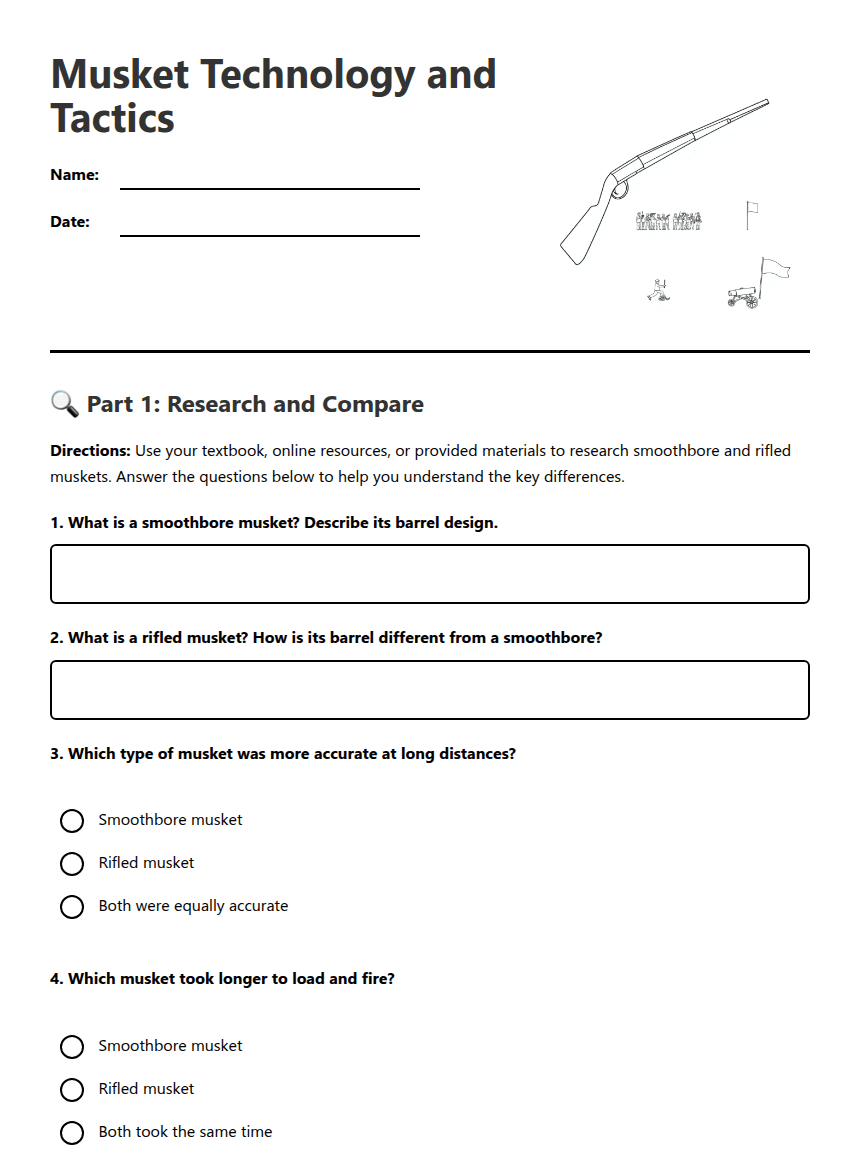 Musket Technology and Tactics worksheet preview