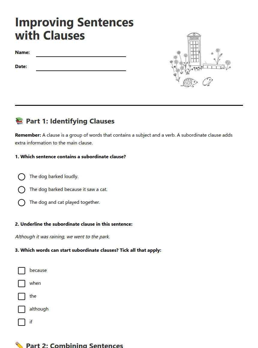 Improving Sentences with Clauses worksheet preview