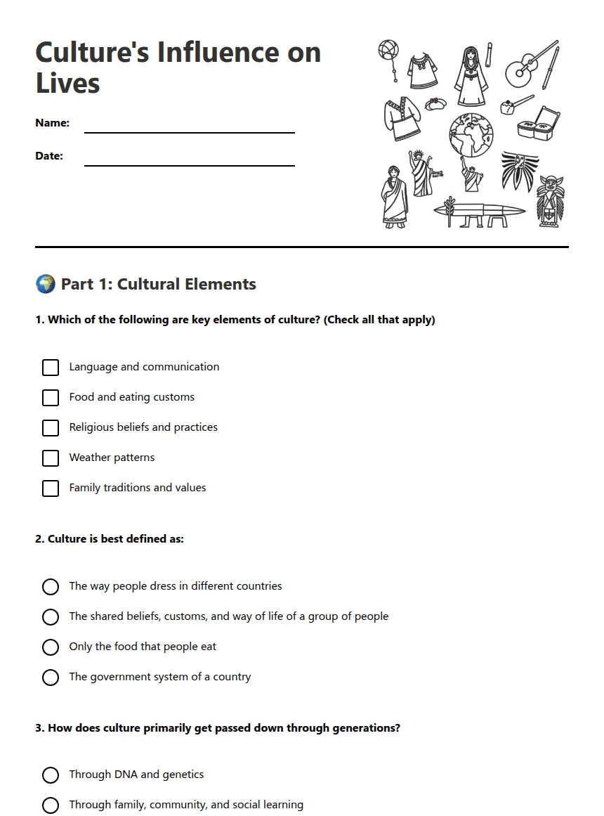 Culture's Influence on Lives worksheet preview