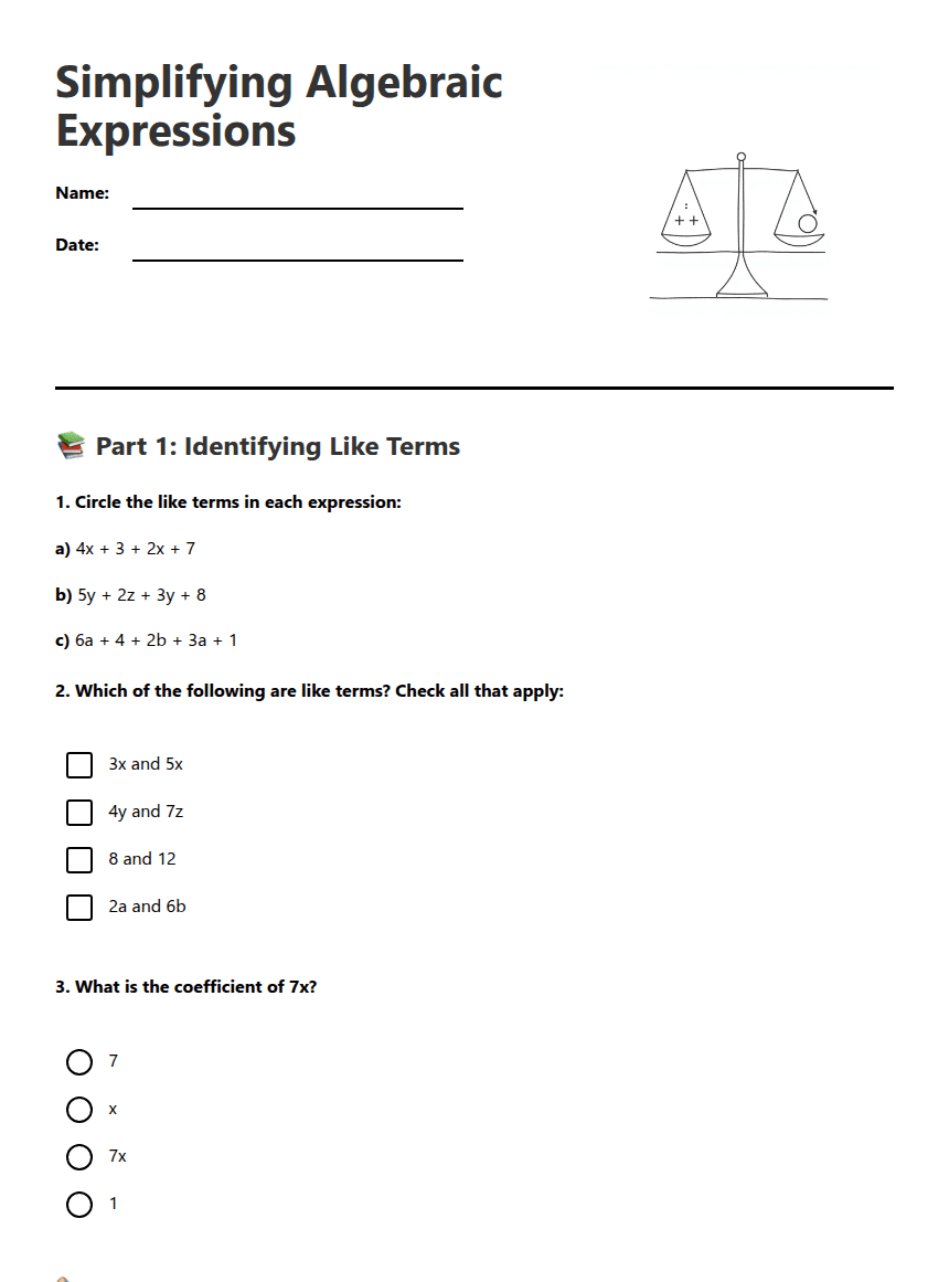 Simplifying Algebraic Expressions worksheet preview