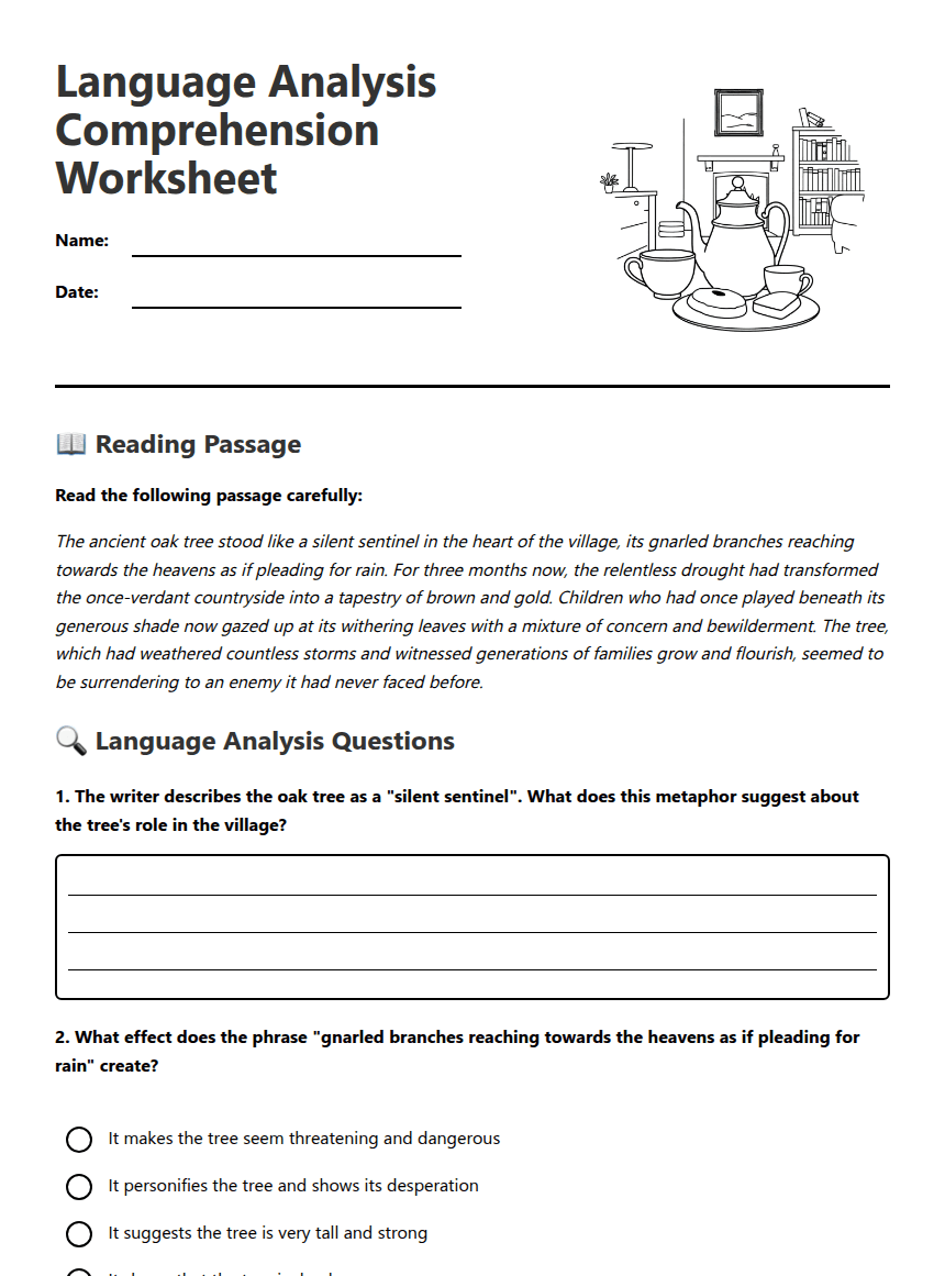 Language Analysis Comprehension Worksheet worksheet preview