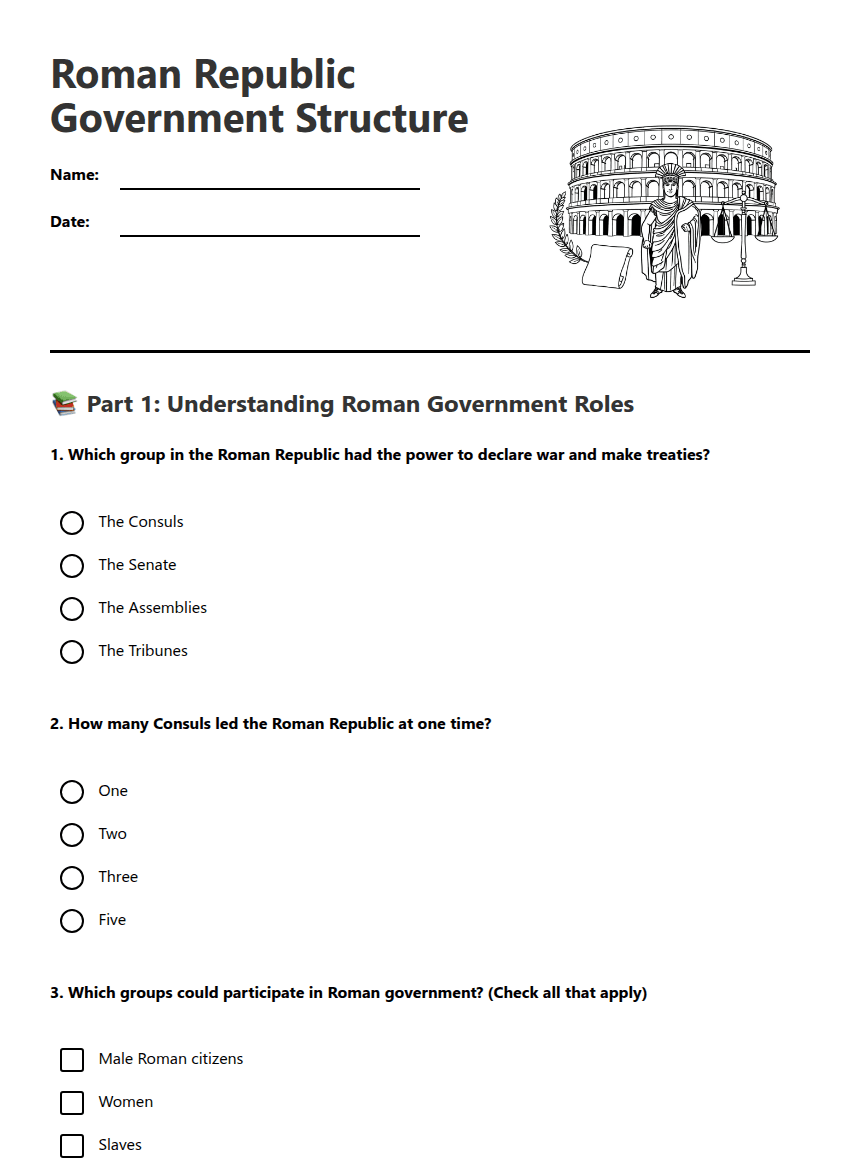 Roman Republic Government Structure worksheet preview