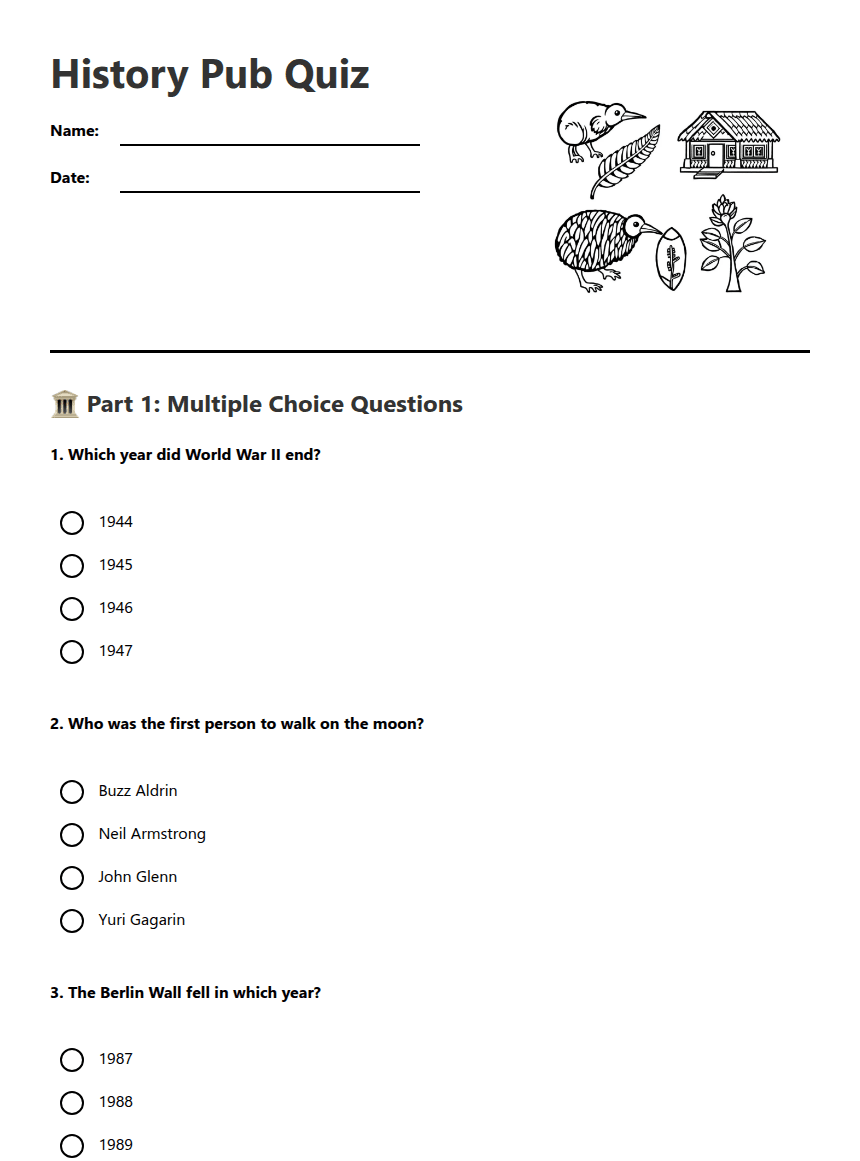 History Pub Quiz worksheet preview