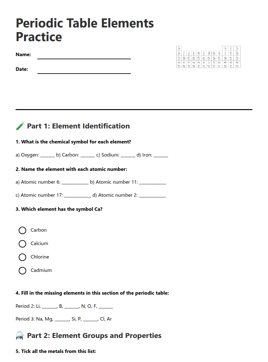 Periodic Table Elements Practice worksheet preview
