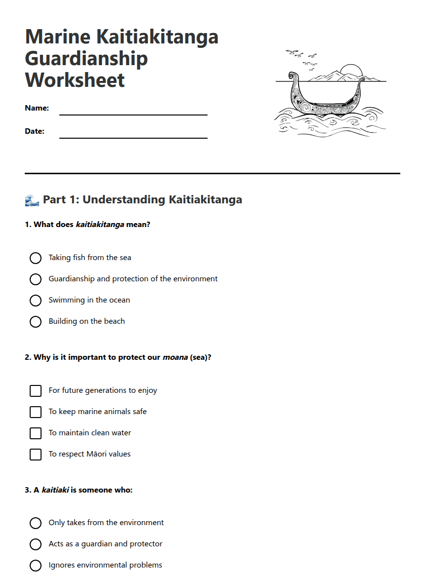 Marine Kaitiakitanga Guardianship Worksheet worksheet preview