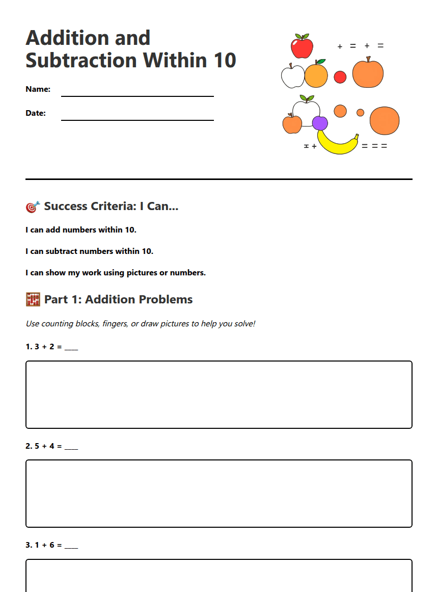 Addition and Subtraction Within 10 worksheet preview