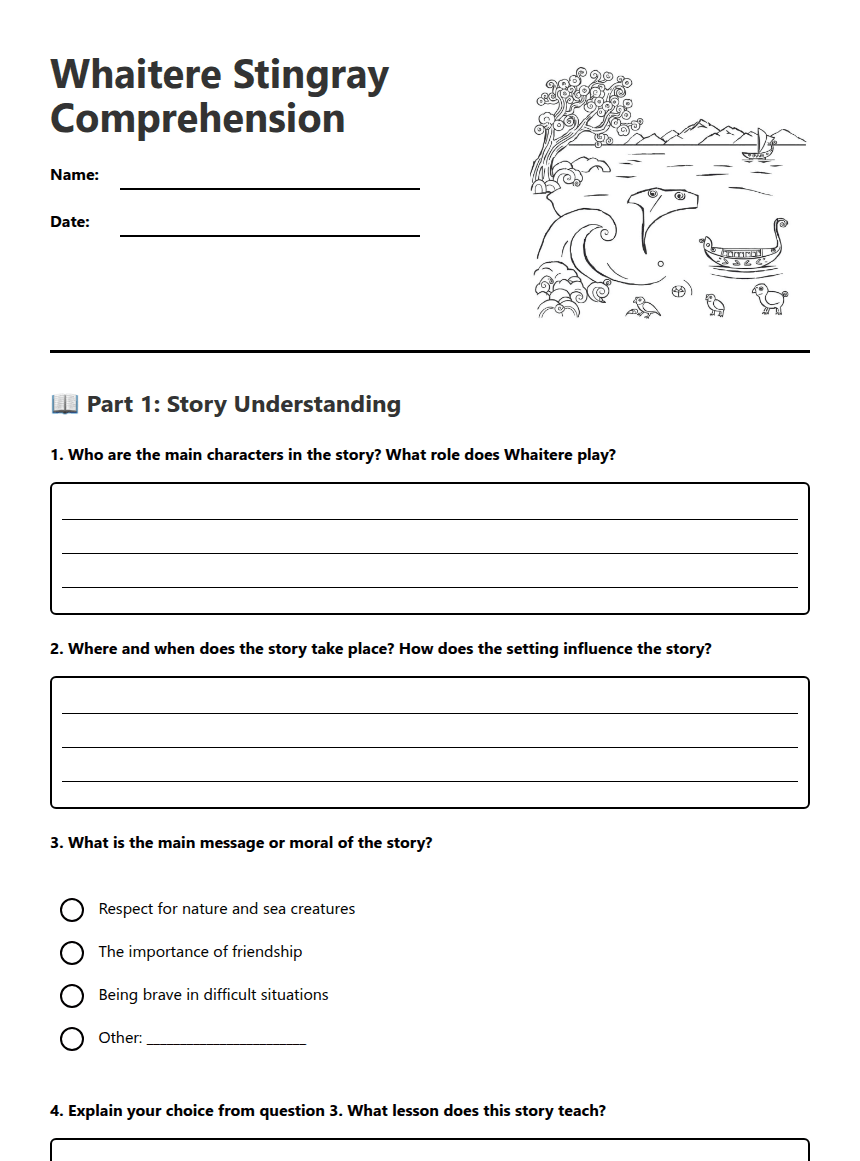 Whaitere Stingray Comprehension worksheet preview