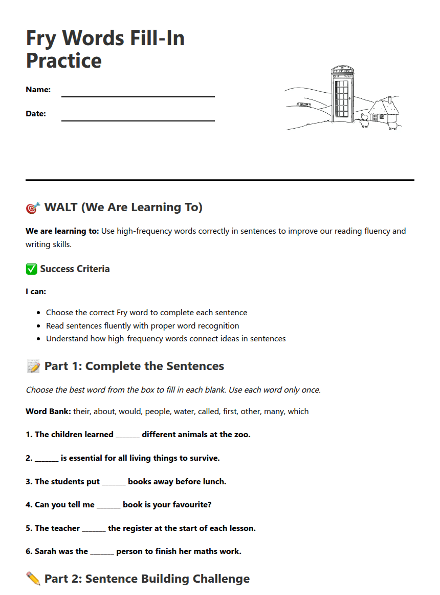 Fry Words Fill-In Practice worksheet preview