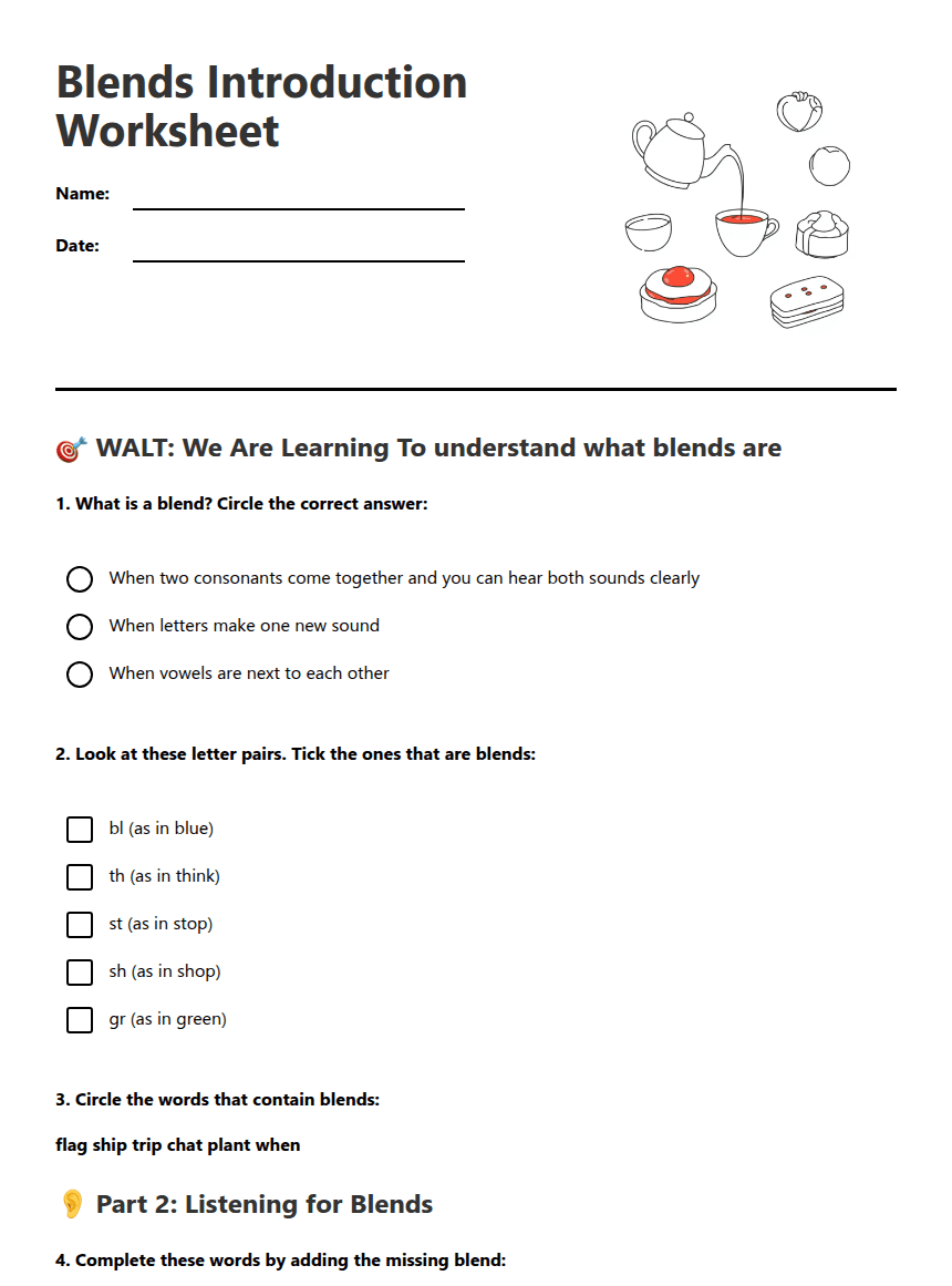 Blends Introduction Worksheet worksheet preview