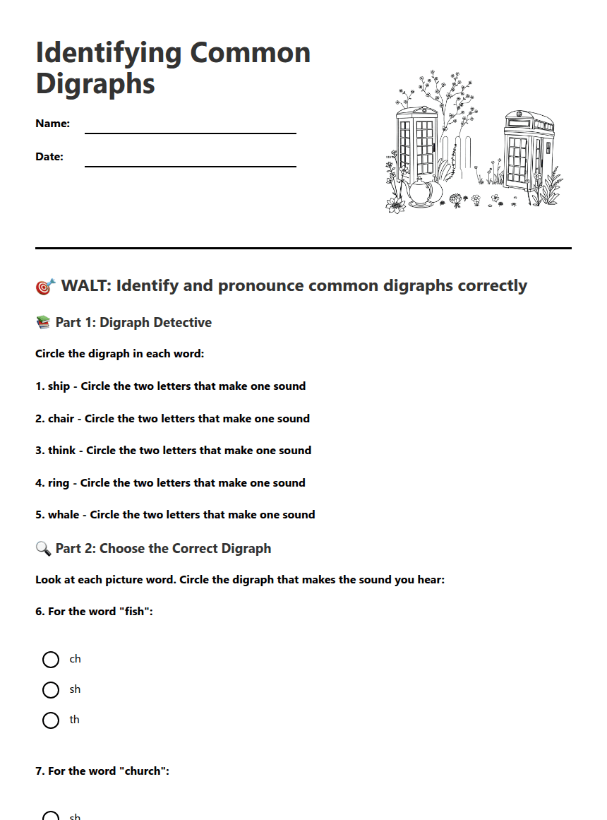 Identifying Common Digraphs worksheet preview