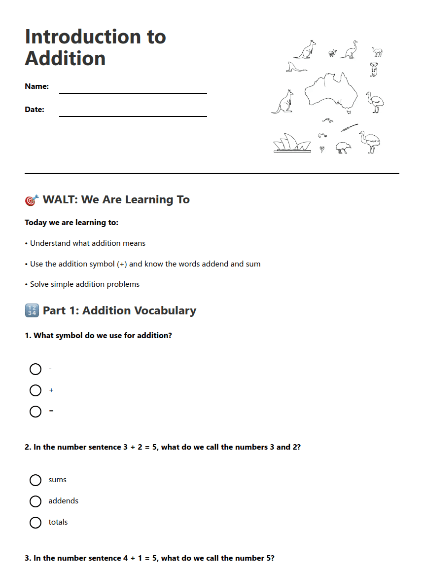 Introduction to Addition worksheet preview