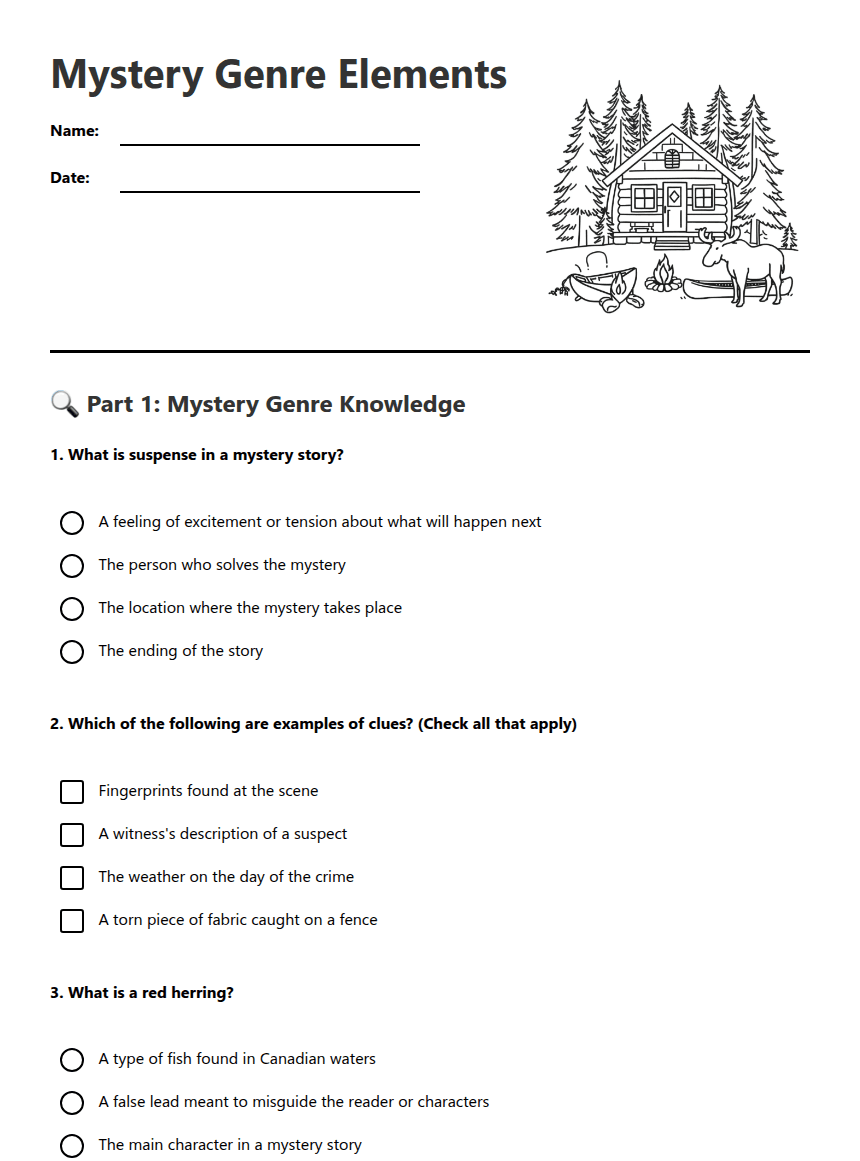 Mystery Genre Elements worksheet preview