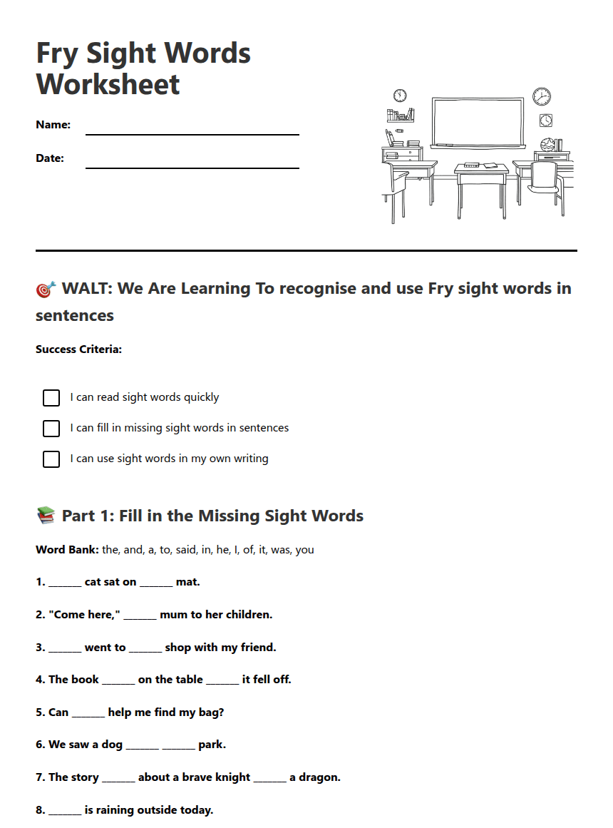 Fry Sight Words Worksheet worksheet preview