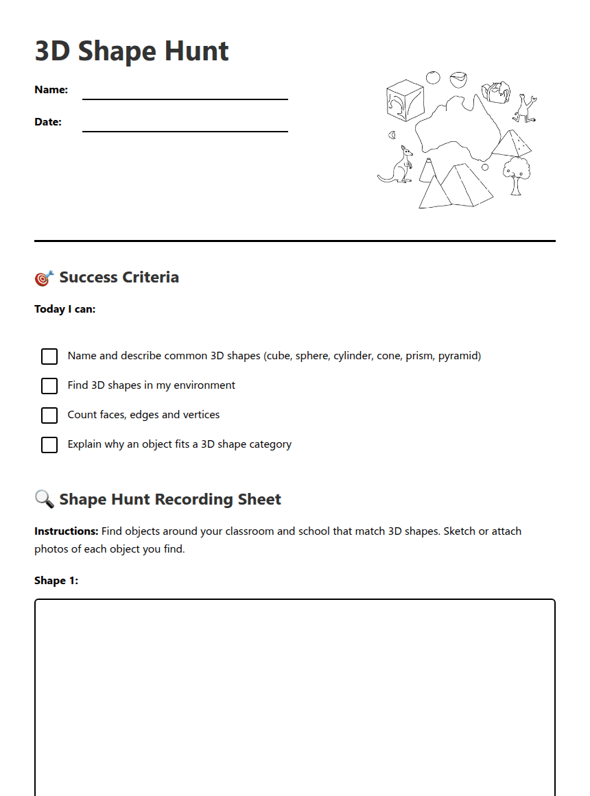 3D Shape Hunt worksheet preview