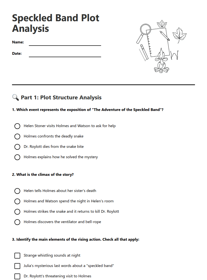 Speckled Band Plot Analysis worksheet preview