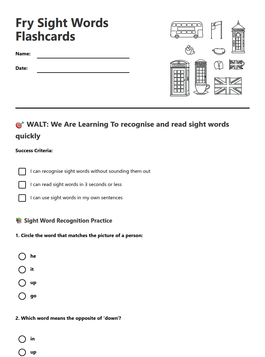 Fry Sight Words Flashcards worksheet preview