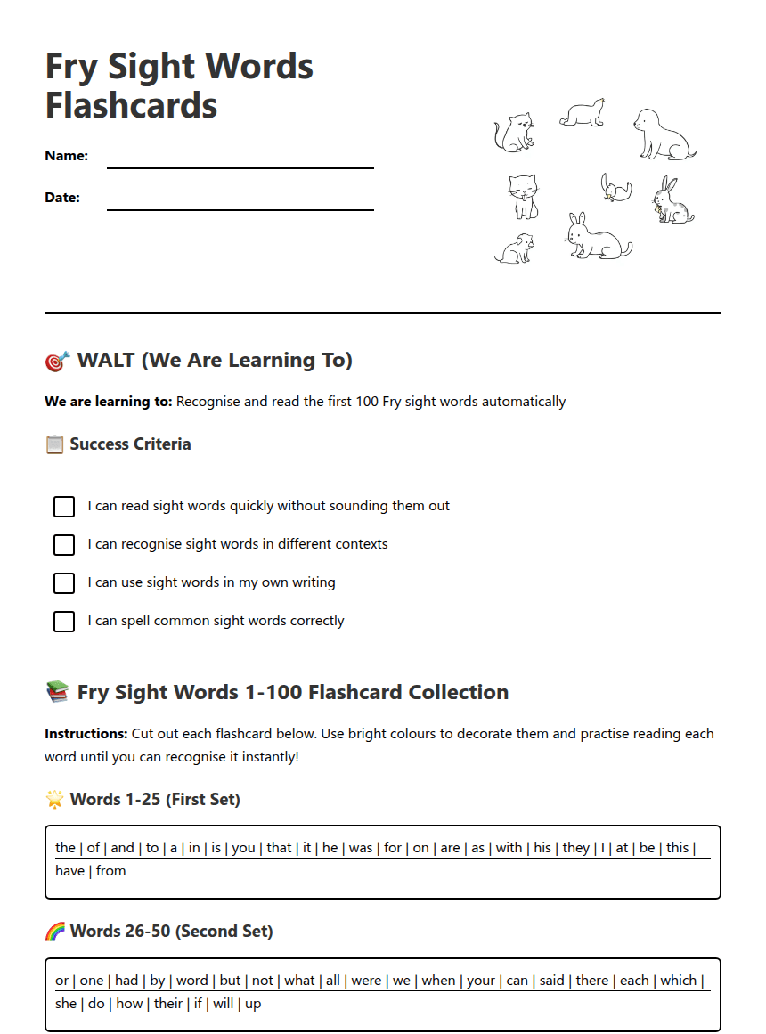 Fry Sight Words Flashcards worksheet preview