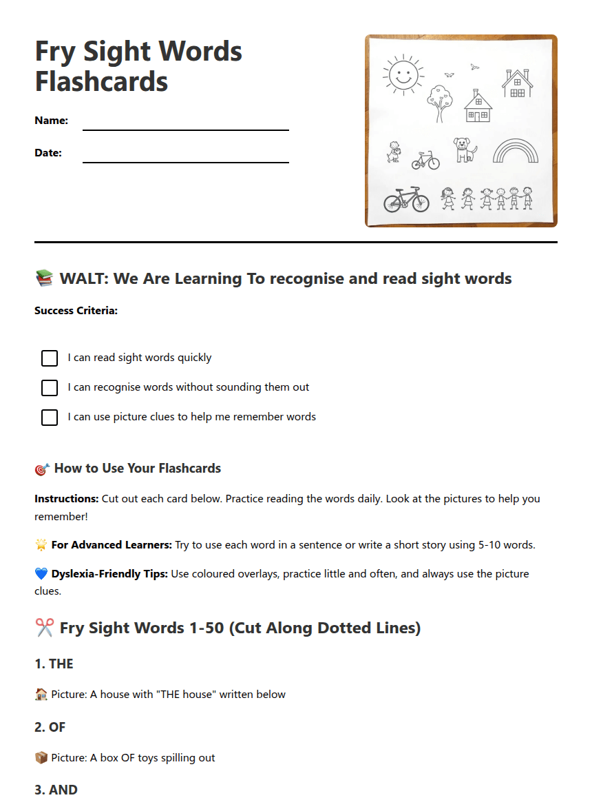 Fry Sight Words Flashcards worksheet preview