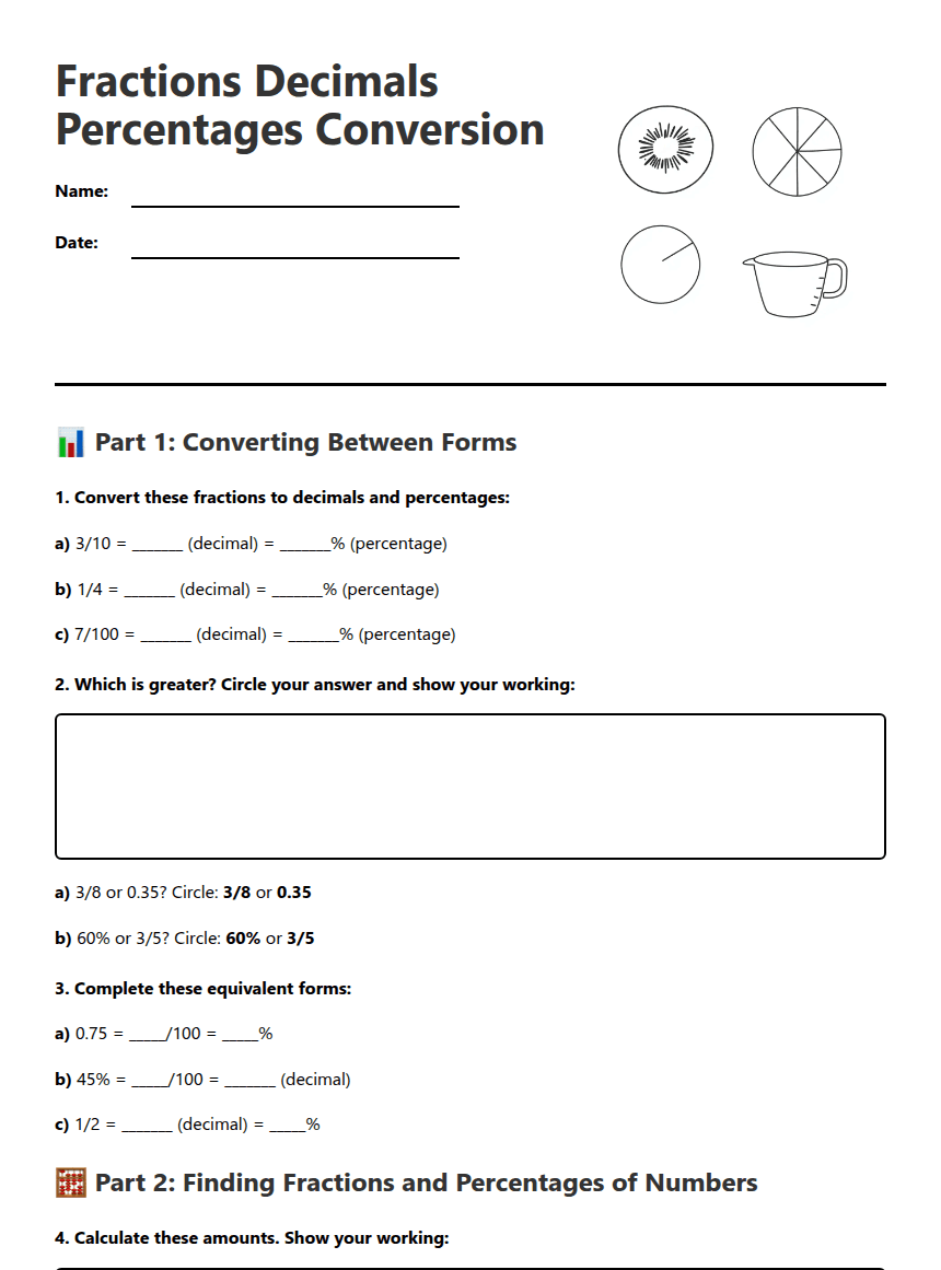 Fractions Decimals Percentages Conversion worksheet preview
