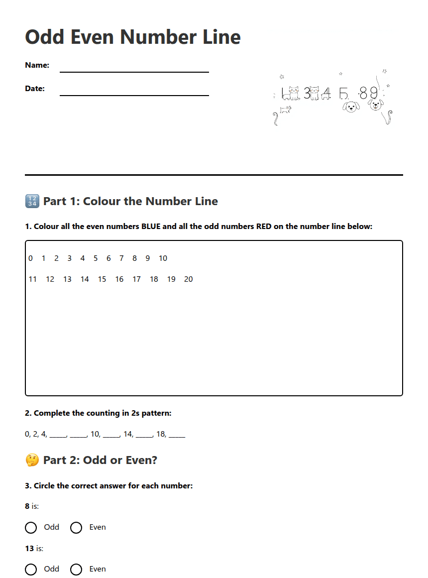 Odd Even Number Line worksheet preview