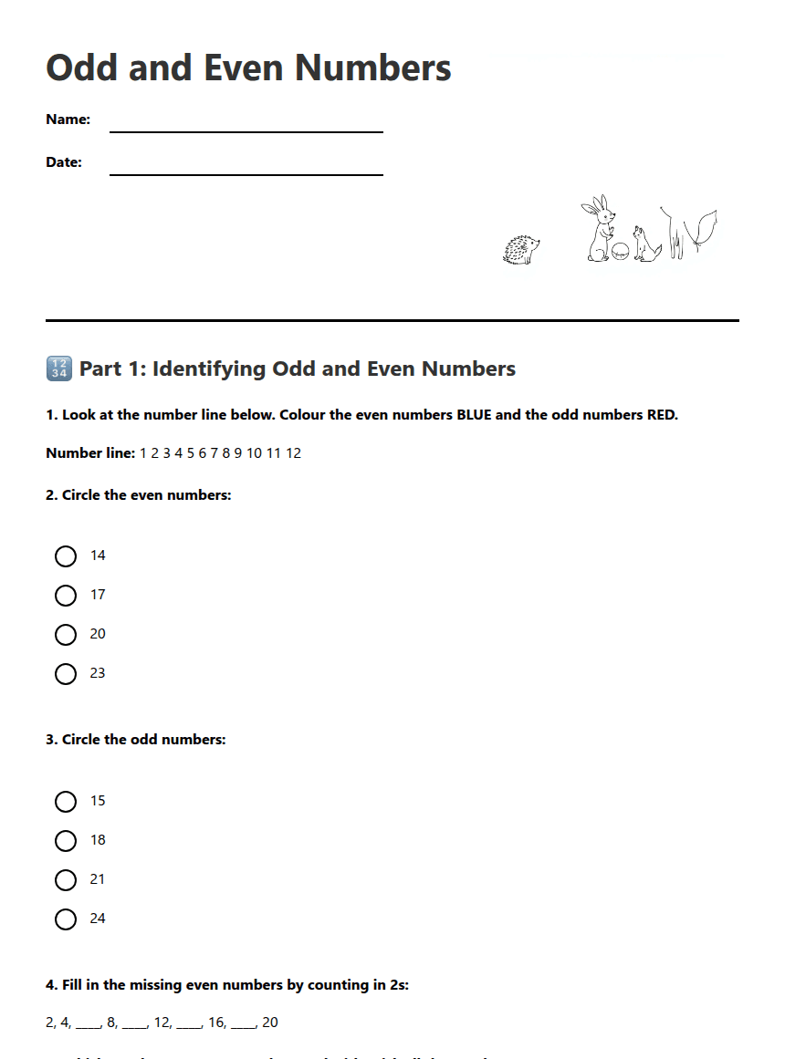 Odd and Even Numbers worksheet preview