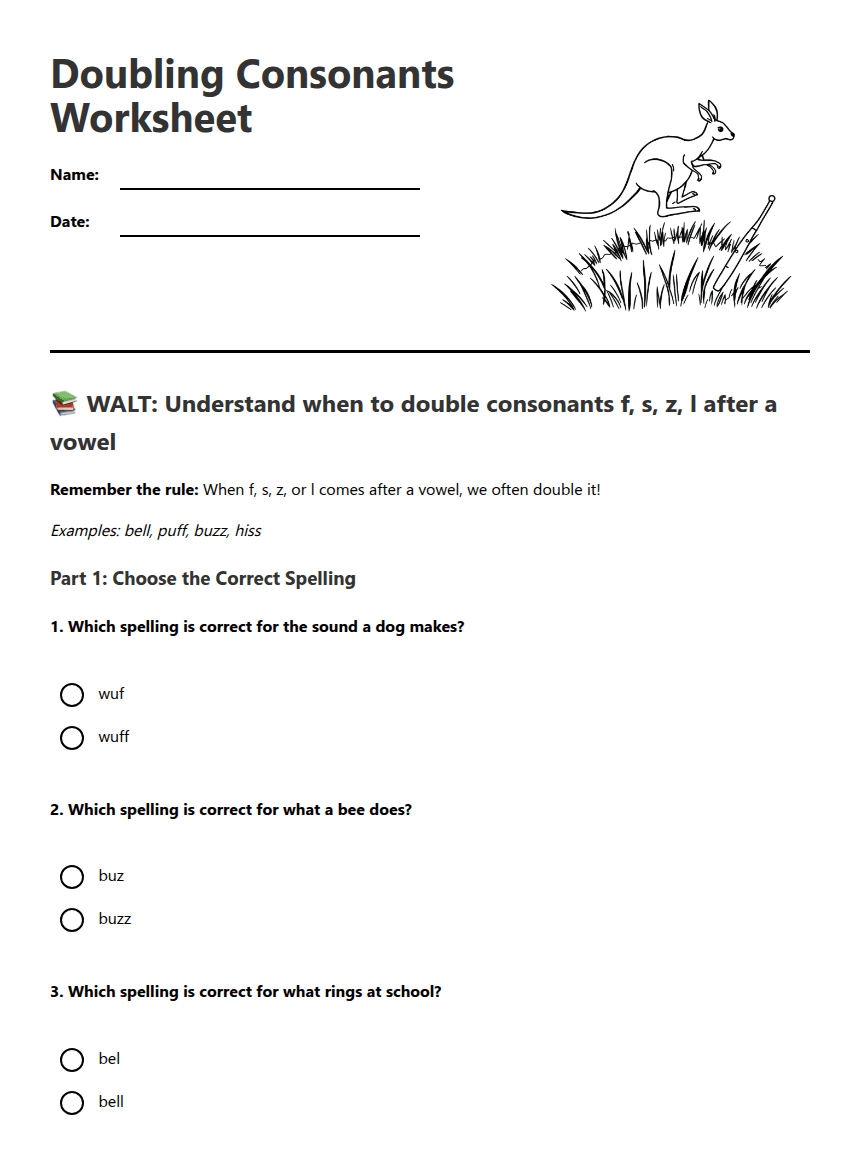 Doubling Consonants Worksheet worksheet preview