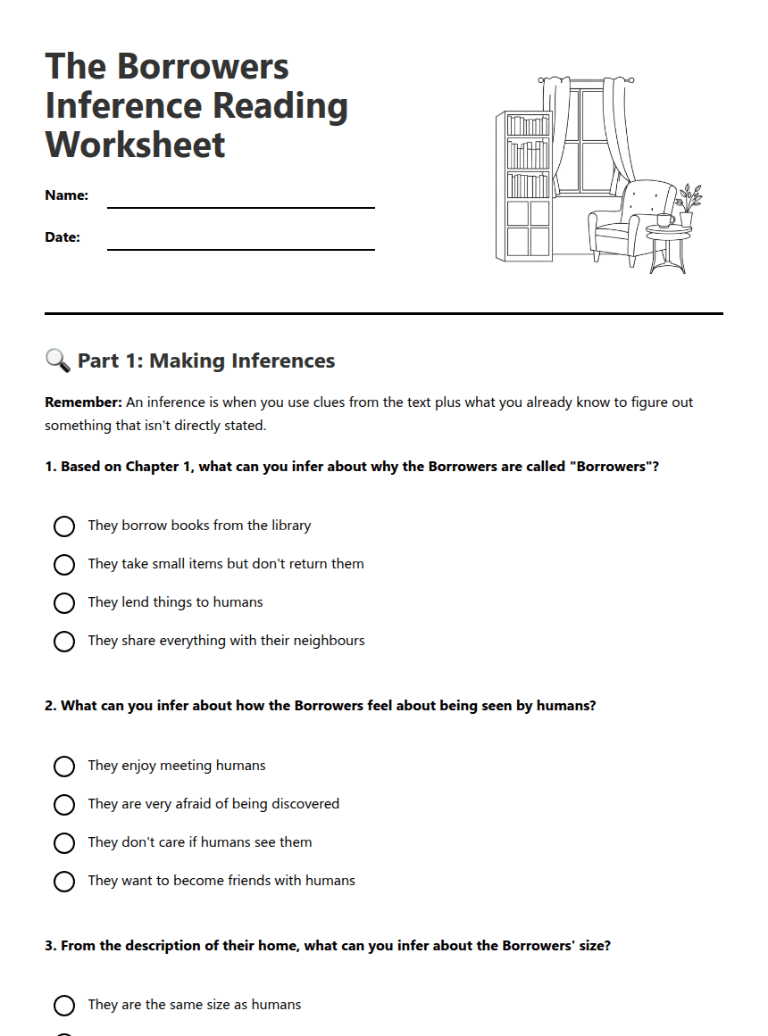 Borrowers Inference Reading Worksheet worksheet preview