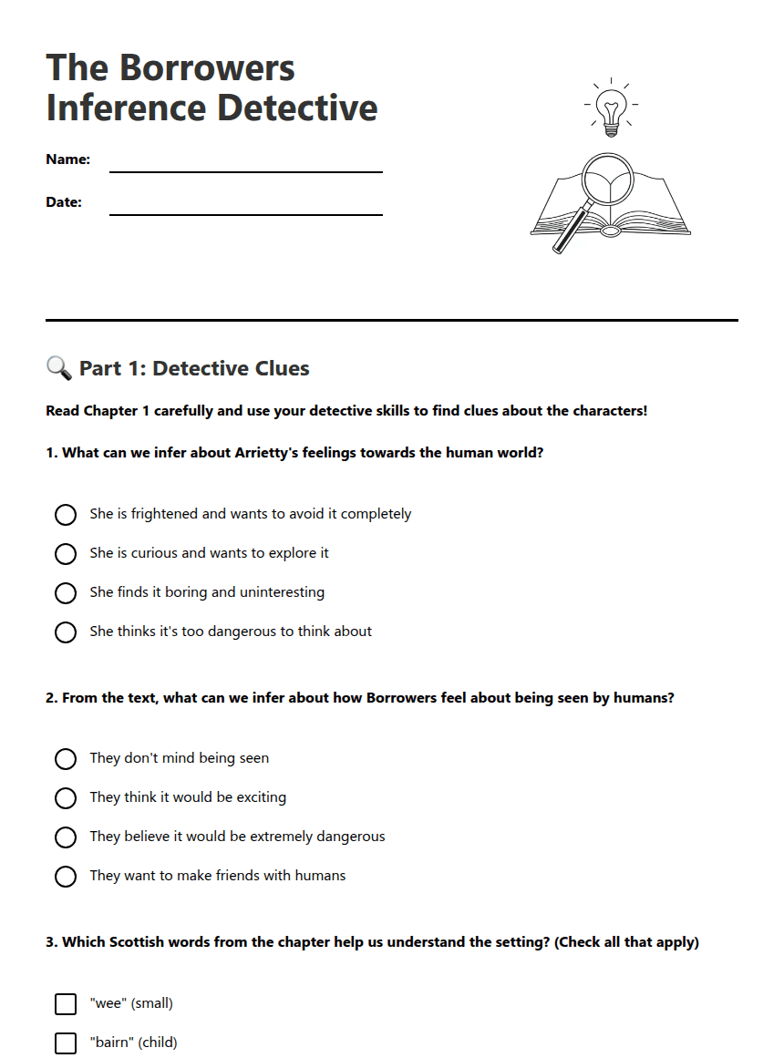 The Borrowers Inference Detective worksheet preview