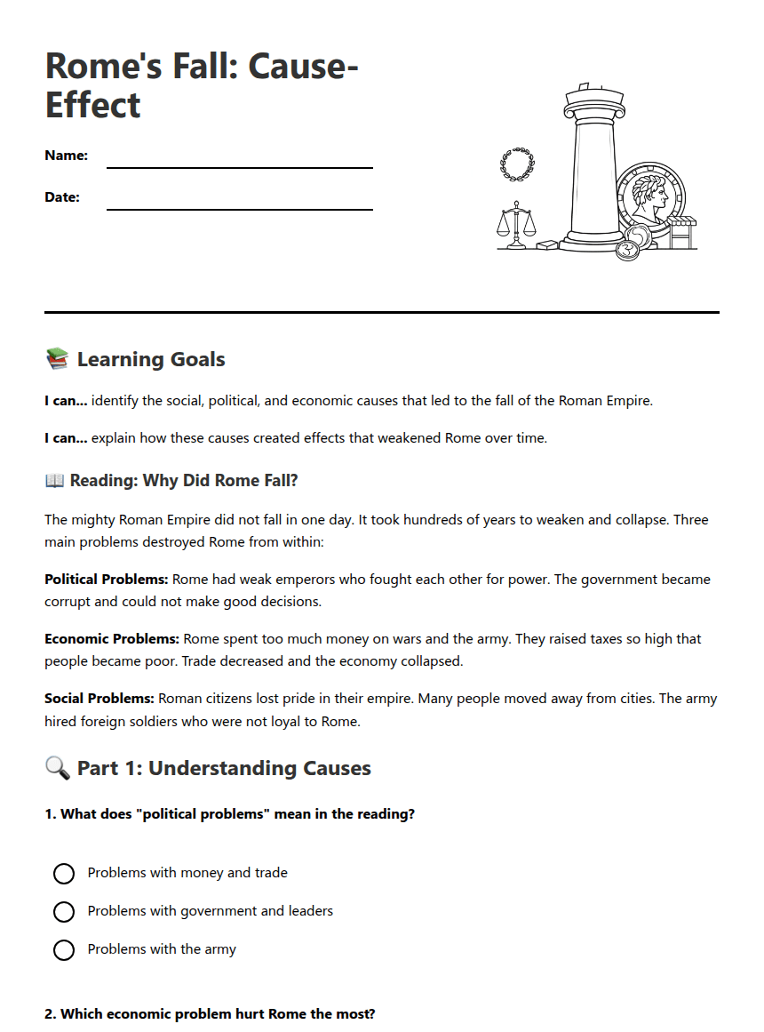Rome's Fall: Cause-Effect worksheet preview