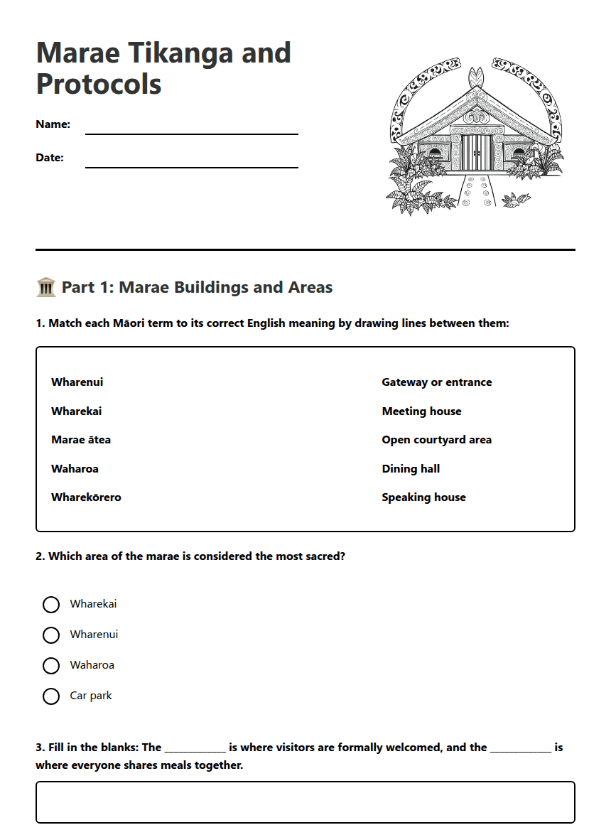 Marae Tikanga and Protocols worksheet preview