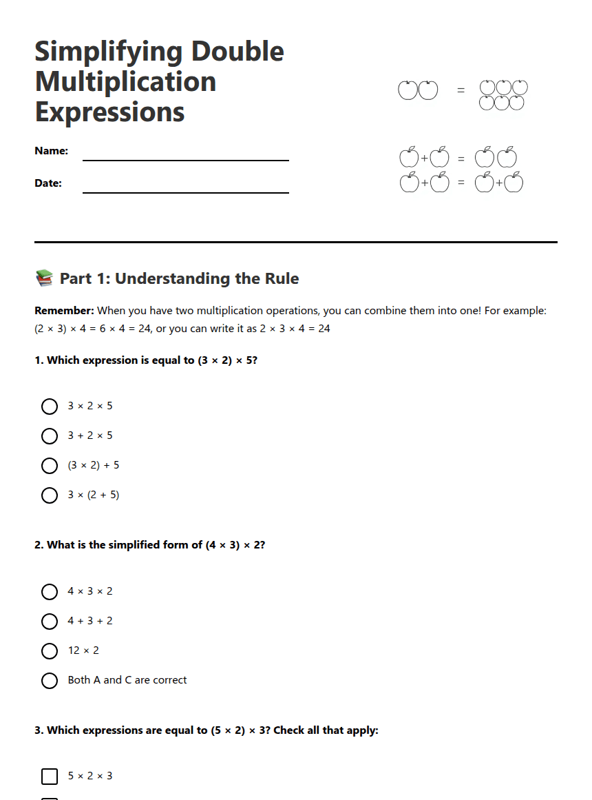Simplifying Double Multiplication Expressions worksheet preview