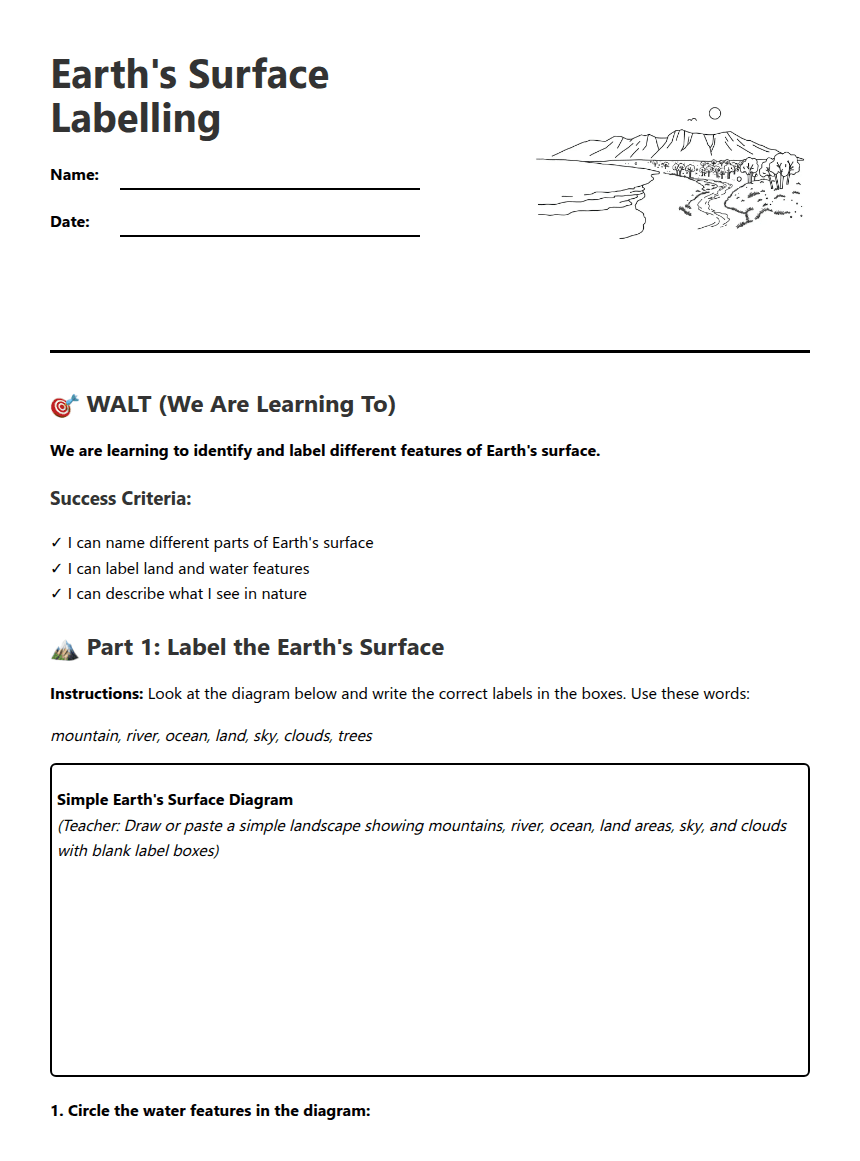 Earth's Surface Labelling worksheet preview