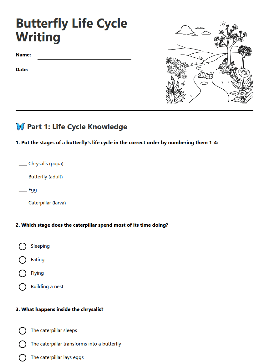 Butterfly Life Cycle Writing worksheet preview