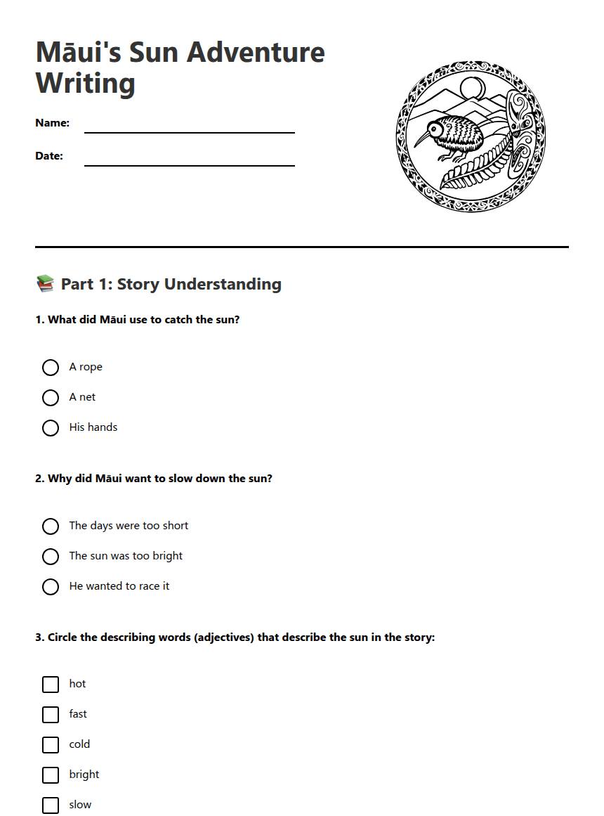 Māui's Sun Adventure Writing worksheet preview