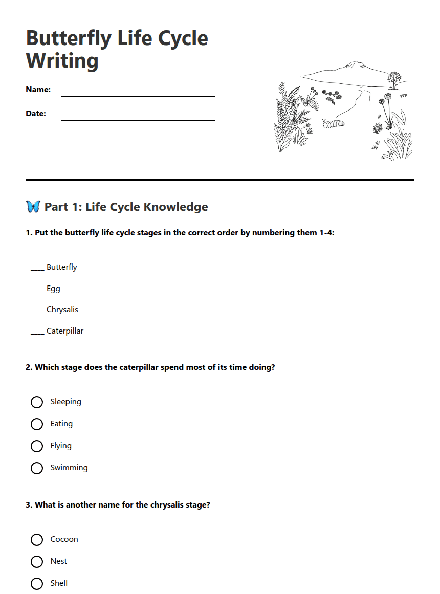 Butterfly Life Cycle Writing worksheet preview