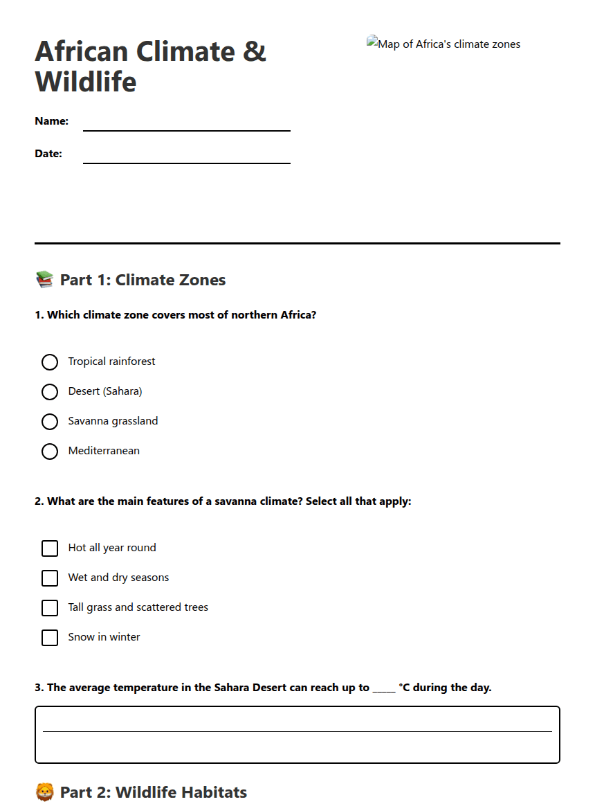 African Climate & Wildlife worksheet preview