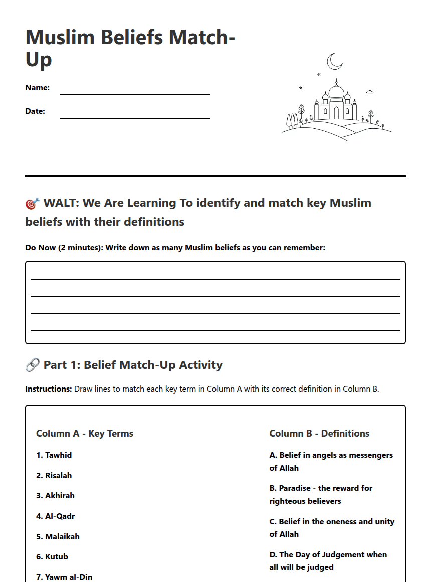 Muslim Beliefs Match-Up worksheet preview
