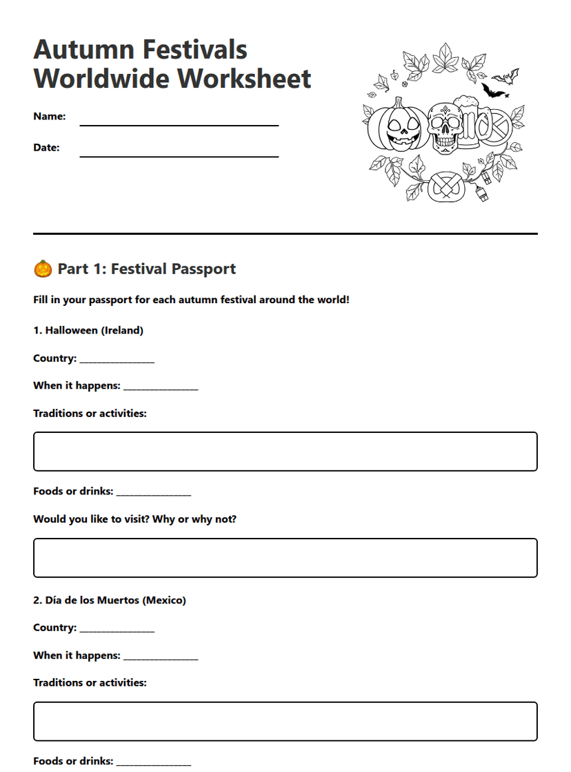 Autumn Festivals Worldwide Worksheet