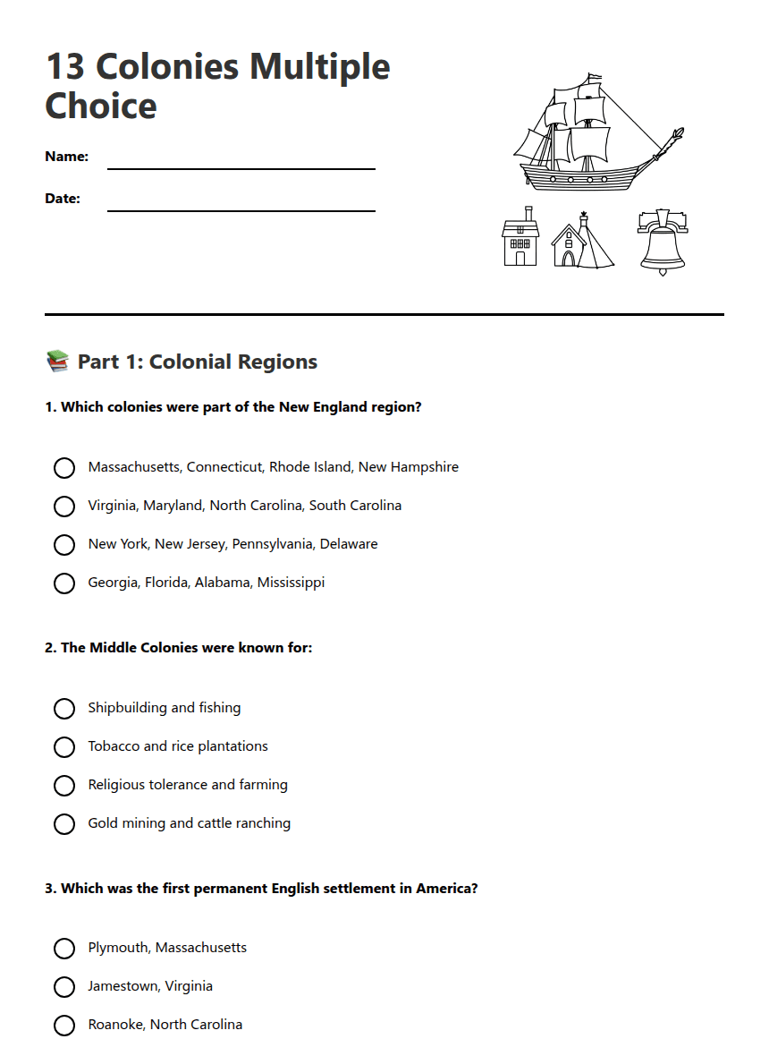 13 Colonies Multiple Choice worksheet preview