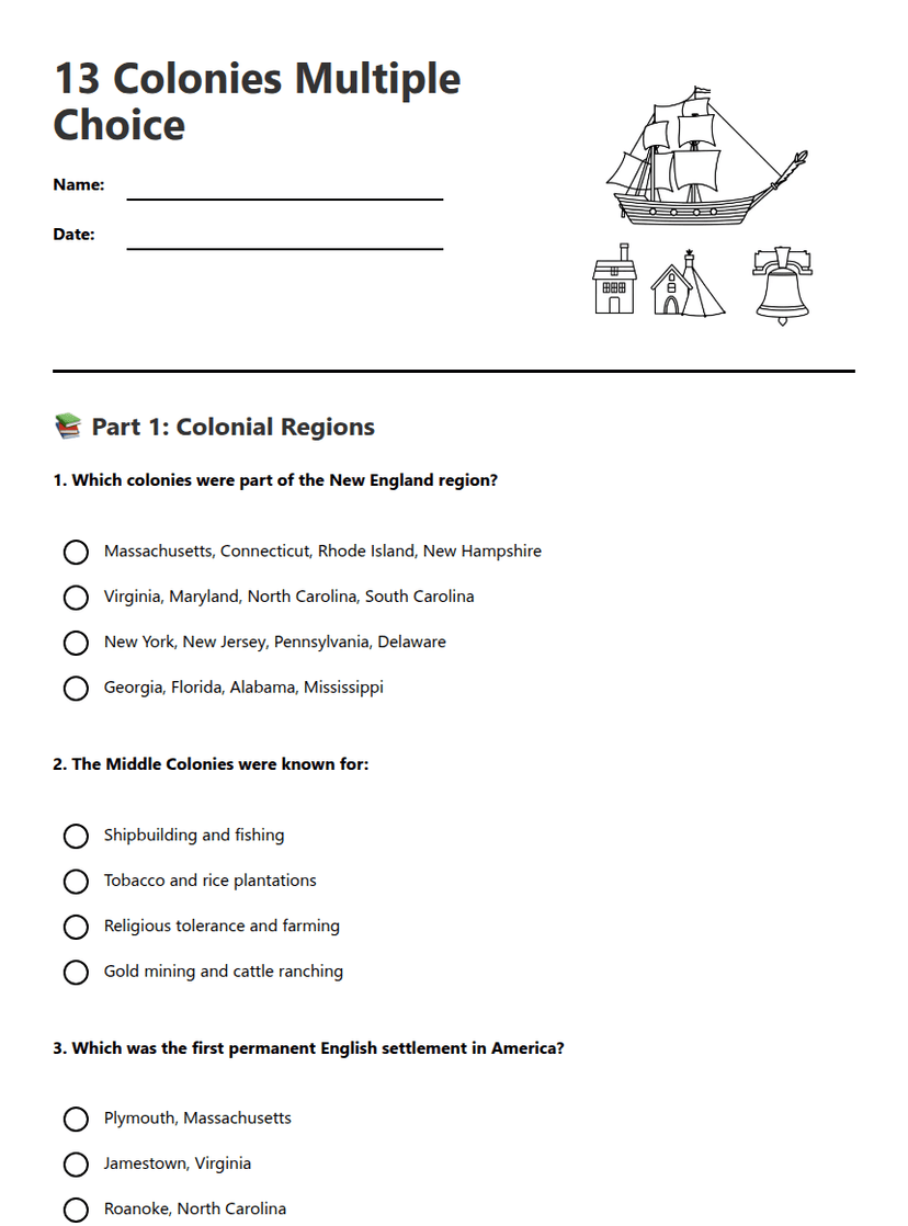 13 Colonies Multiple Choice