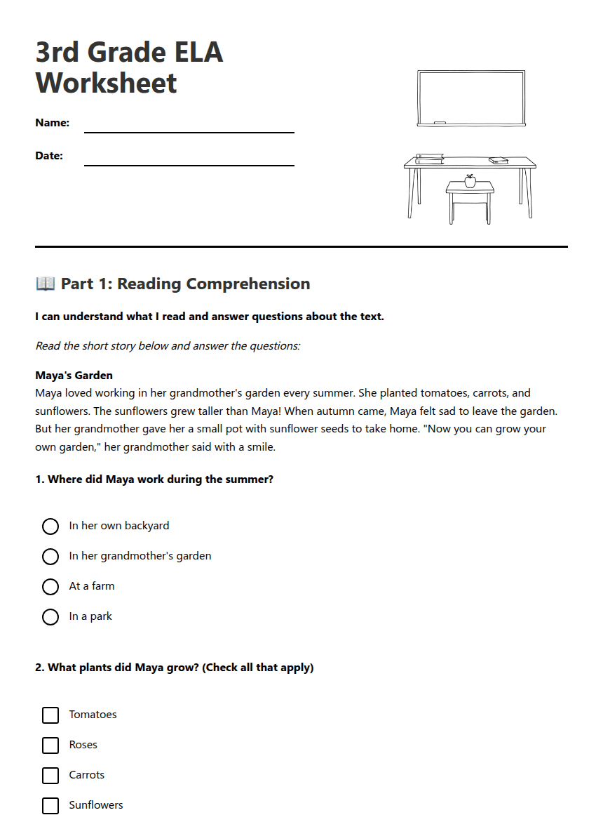 3rd Grade ELA Worksheet worksheet preview