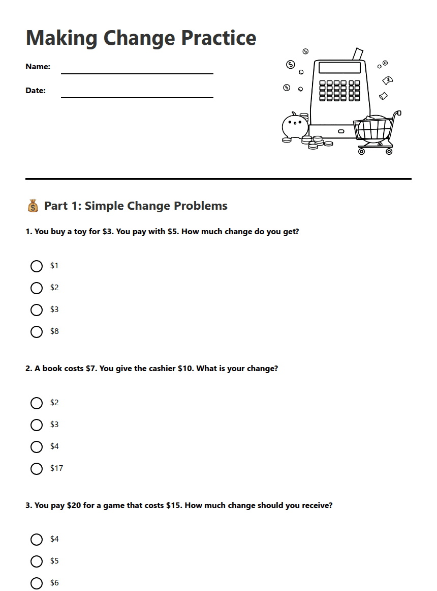 Making Change Practice worksheet preview
