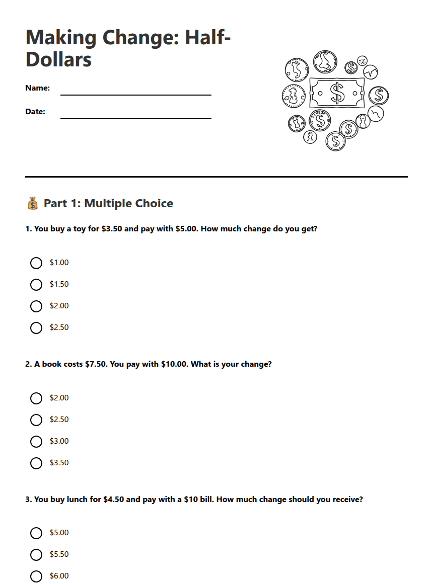 Making Change: Half-Dollars worksheet preview