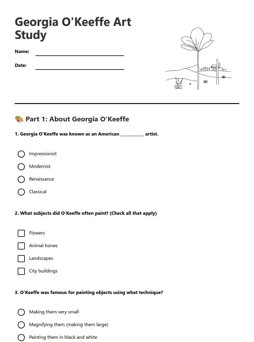 Georgia O'Keeffe Art Study worksheet preview