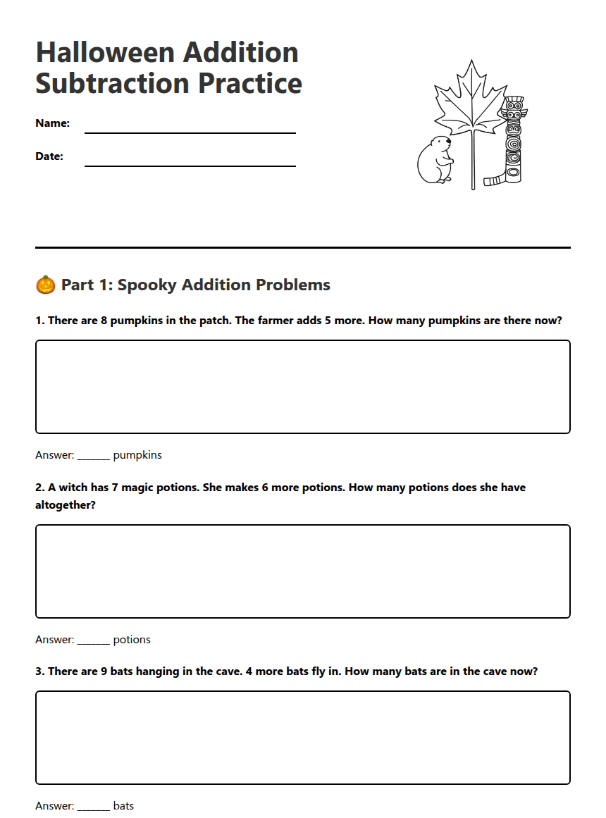 Halloween Addition Subtraction Practice worksheet preview